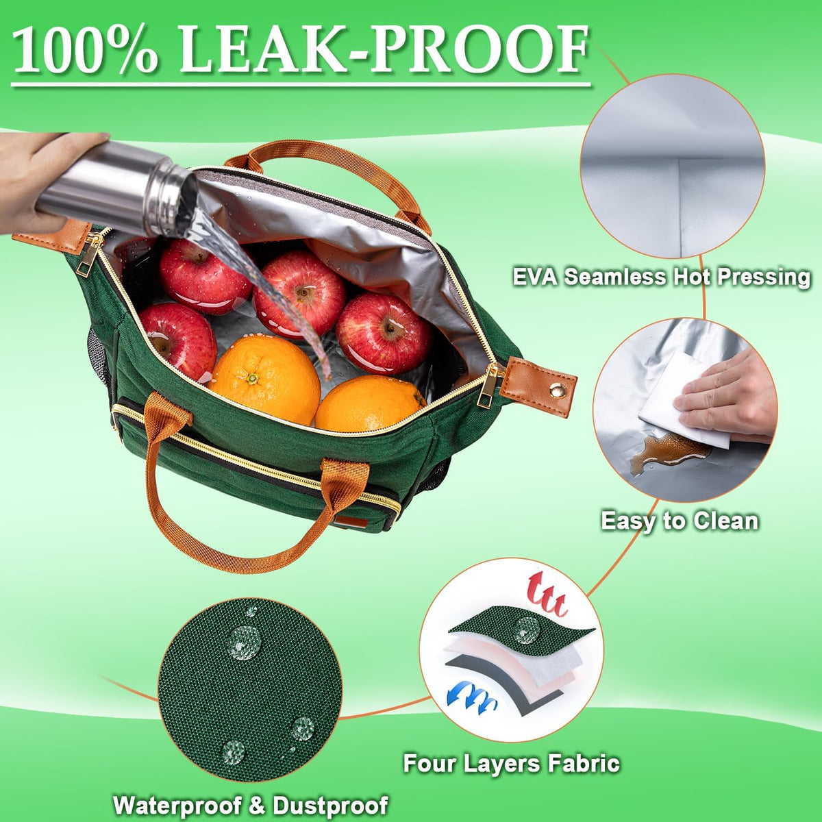 Insulated Lunch Bag - Large Portable Cooler Lunch Box for Office Work School Picnic Beach Workout - Reusable Freezable Tote Lunch Bag Organizer with Adjustable Shoulder Strap for Women Men Adult,Green