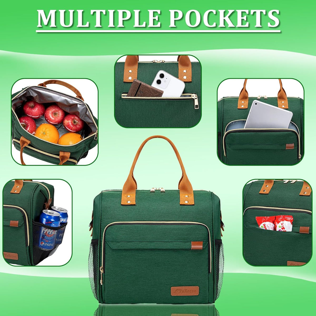 Insulated Lunch Bag - Large Portable Cooler Lunch Box for Office Work School Picnic Beach Workout - Reusable Freezable Tote Lunch Bag Organizer with Adjustable Shoulder Strap for Women Men Adult,Green