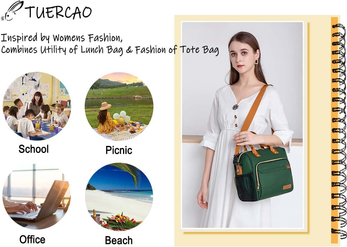 Insulated Lunch Bag - Large Portable Cooler Lunch Box for Office Work School Picnic Beach Workout - Reusable Freezable Tote Lunch Bag Organizer with Adjustable Shoulder Strap for Women Men Adult,Green