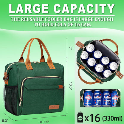 Insulated Lunch Bag - Large Portable Cooler Lunch Box for Office Work School Picnic Beach Workout - Reusable Freezable Tote Lunch Bag Organizer with Adjustable Shoulder Strap for Women Men Adult,Green